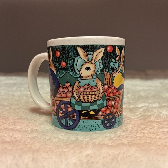 Vintage Whimsical Rabbits with hats Mug  carrying Apples on a carriage - Picture 1 of 4